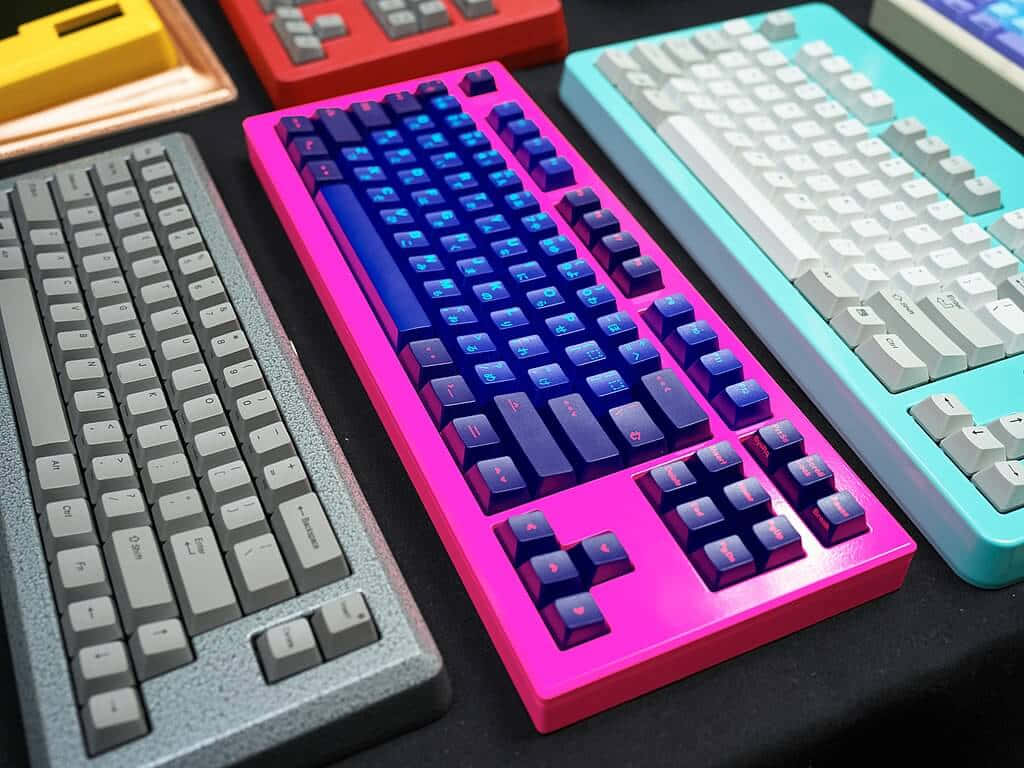 A Group Of Colorful Keyboards On A Table