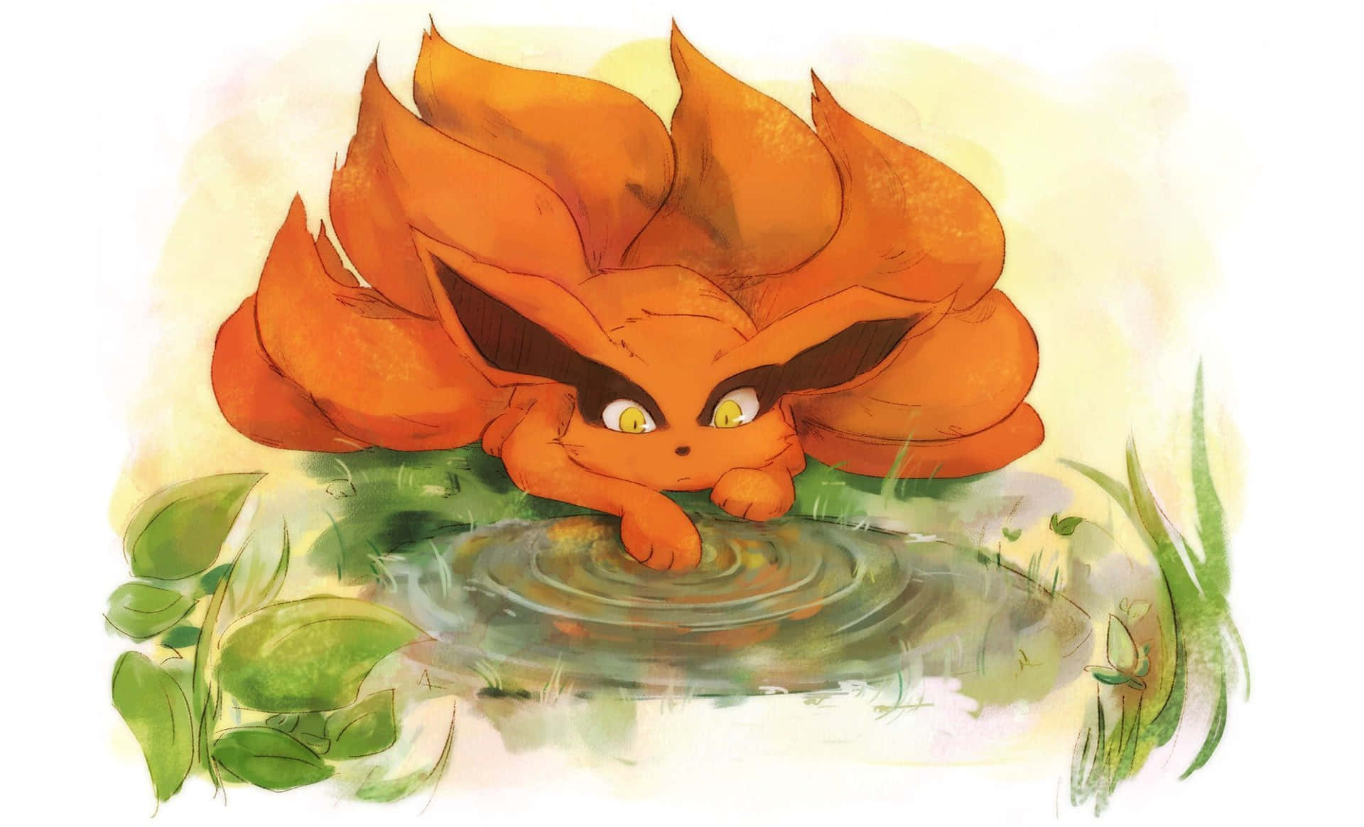 Söttkurama Vid Dammen I Naruto - (this Can Be A Suggestion For A Cute Computer Or Mobile Wallpaper Featuring The Character Kurama From The Anime Naruto, Sitting By A Pond). Wallpaper
