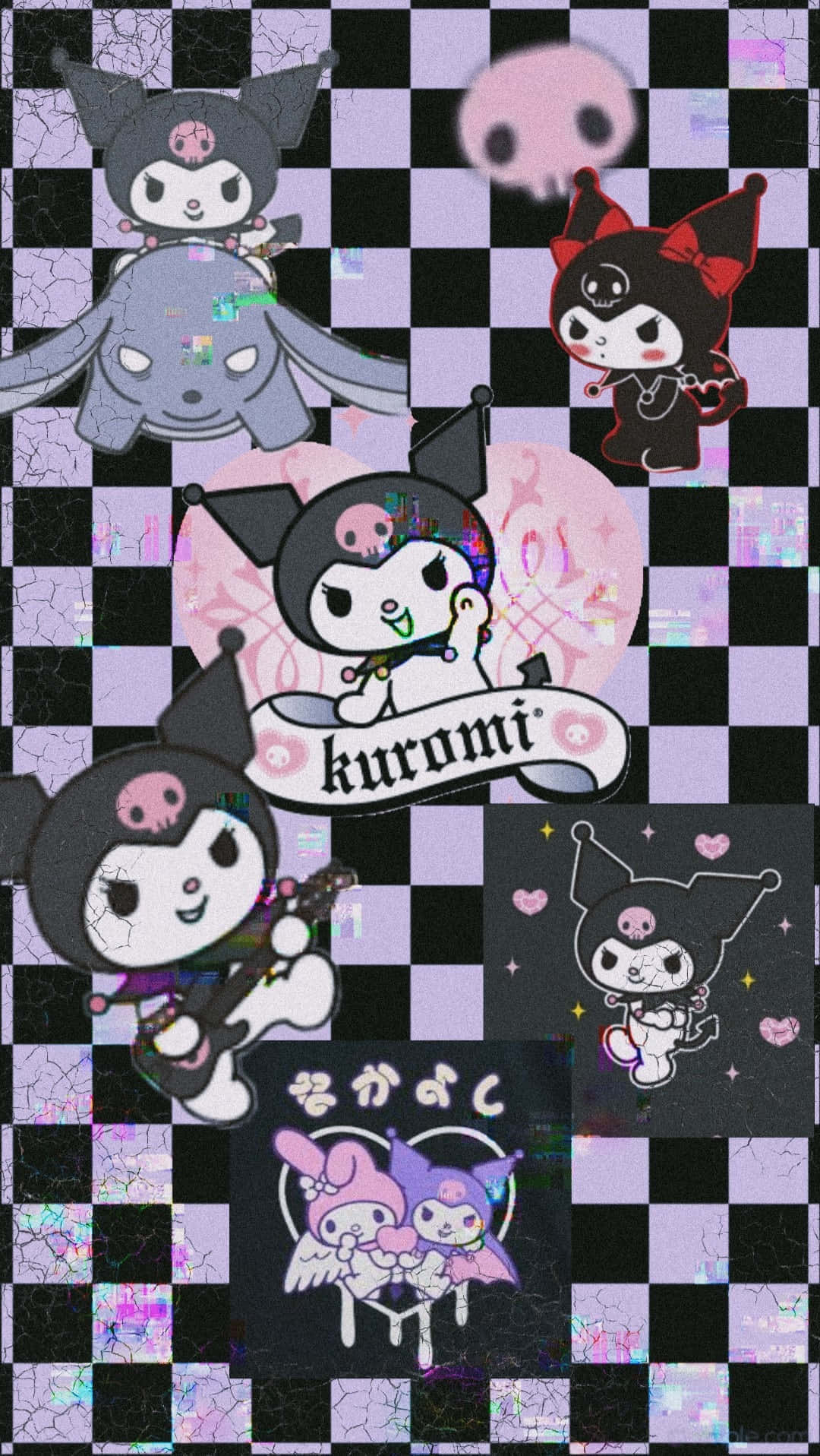 Cute Kuromi Checkered Pattern Wallpaper