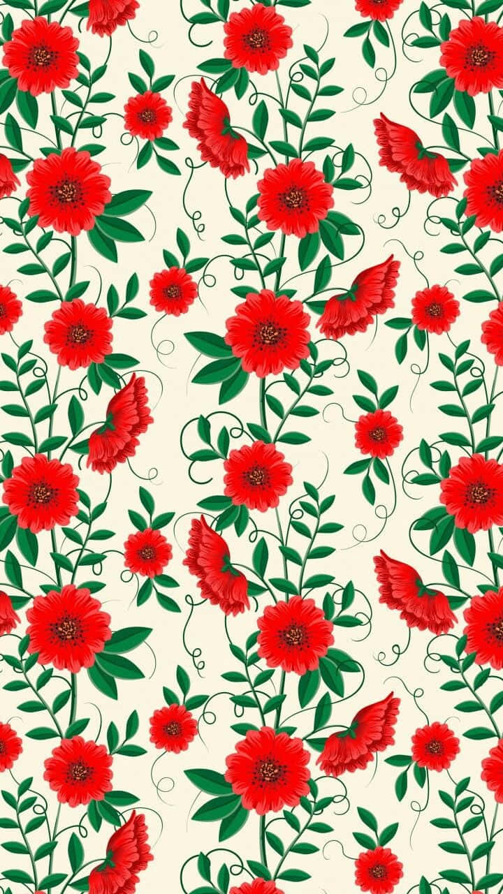 Cute Red Flowers And Green Leaves Pattern Wallpaper