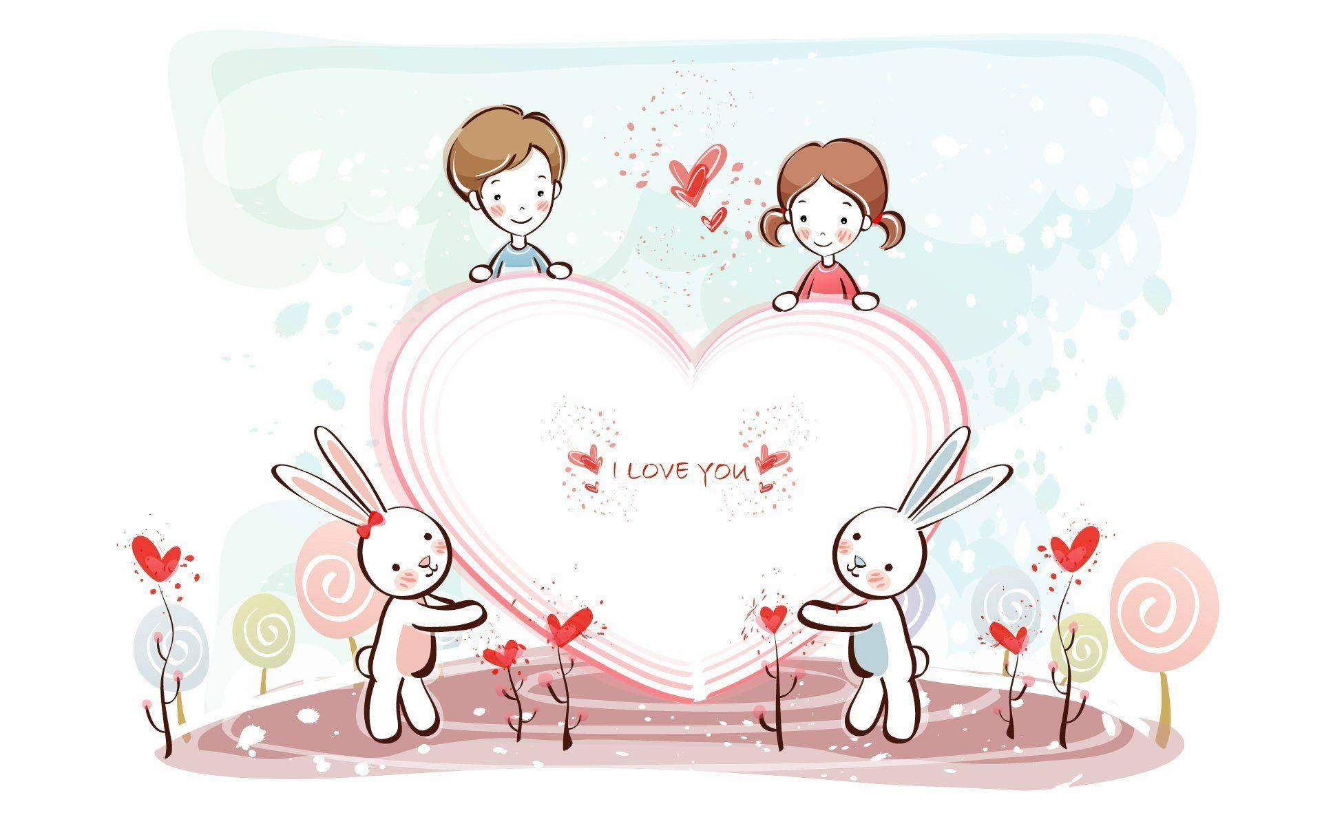 Cute Love Bunnies And Kids Wallpaper
