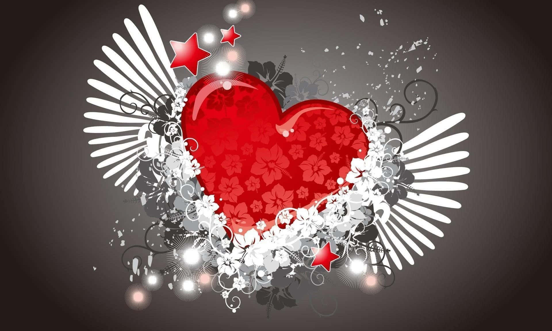 A Red Heart With Wings And Stars On A Dark Background