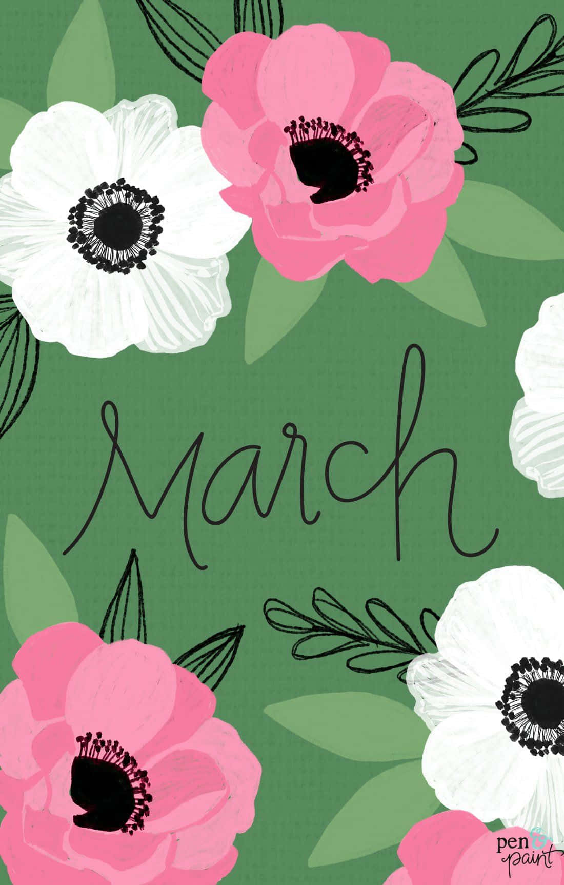 A Green Background With Pink Flowers And The Word March Wallpaper