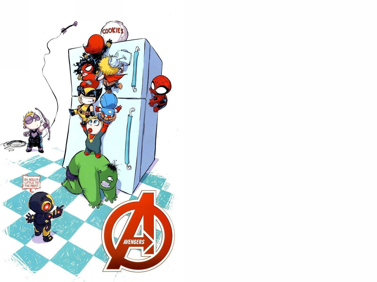 Cute Marvel Avengers Sneaking In Refrigerator Wallpaper