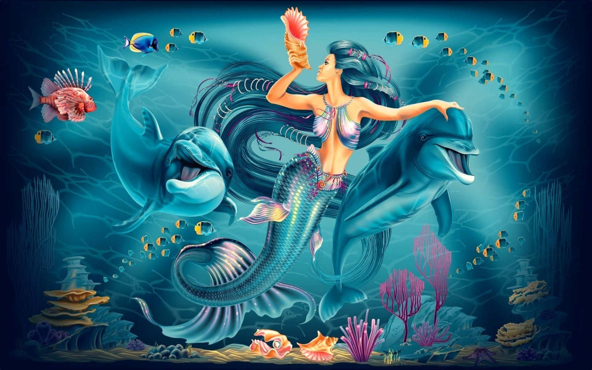 Cute Mermaid Blue Girl Dolphin Wallpaper