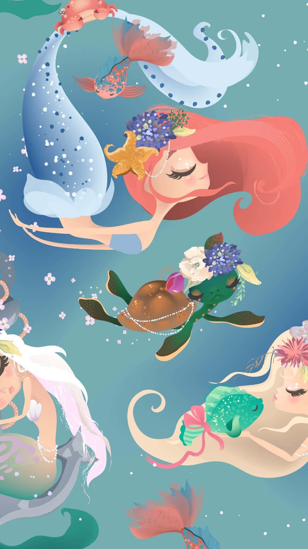 Cute Mermaid Friends Swimming Turtle Wallpaper