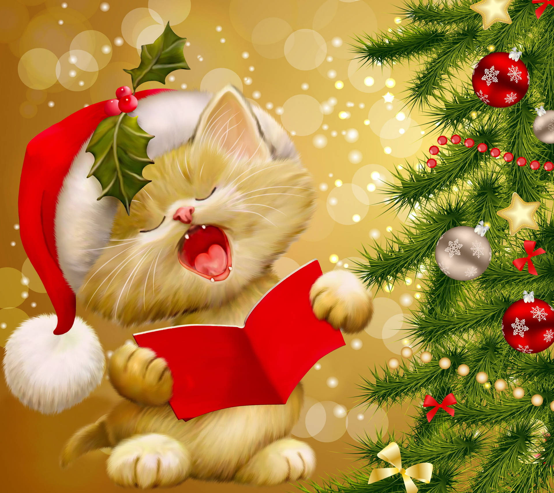 Cute Merry Christmas Singing Cat Wallpaper