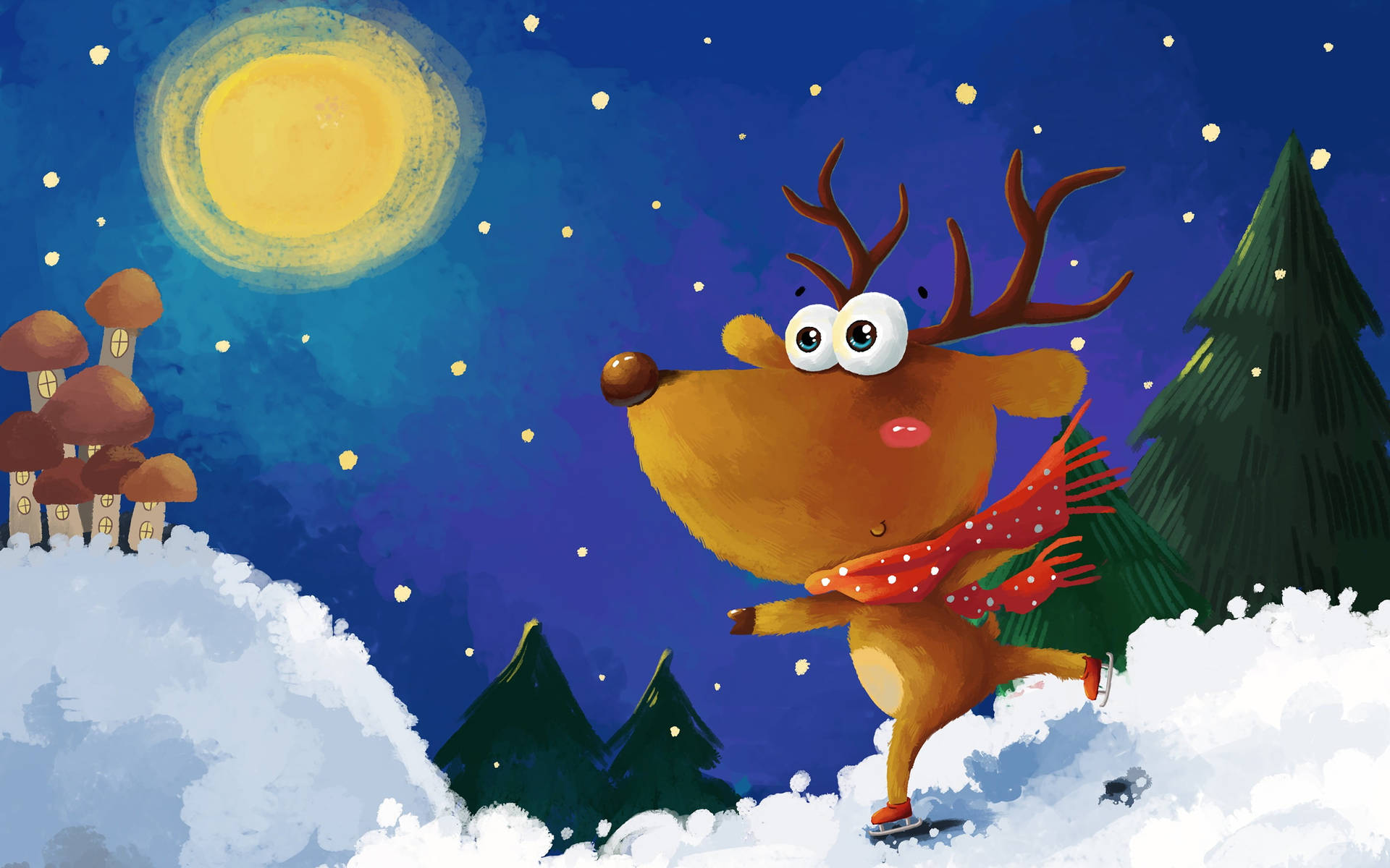 Cute Merry Christmas Skating Reindeer Wallpaper