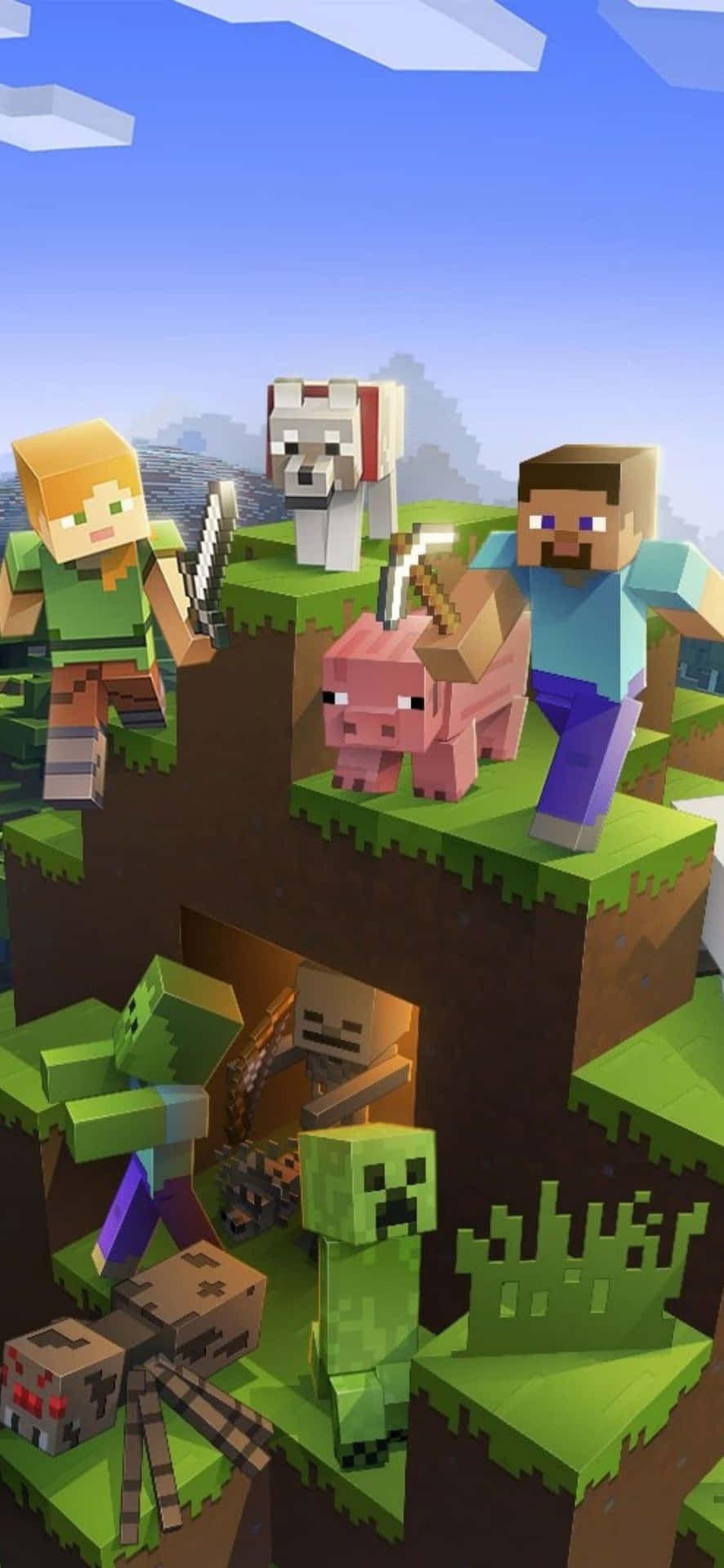 Lindopersonaje De Minecraft De Dibujos Animados Parado Frente A Un Paisaje Colorido. Fondo de pantalla