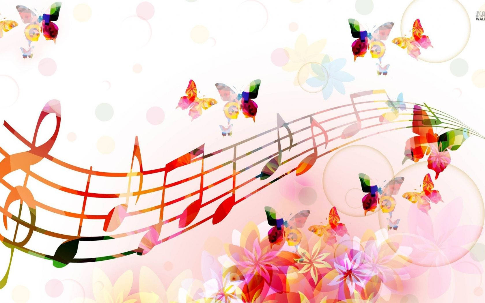 Søde musiknoder med farverige sommerfugle tapet. Wallpaper