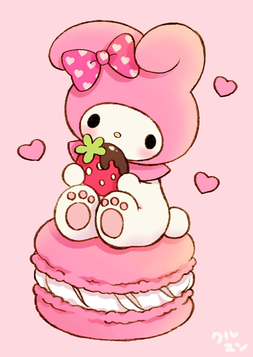 Cute My Melody Eating Strawberry On Macaron Wallpaper