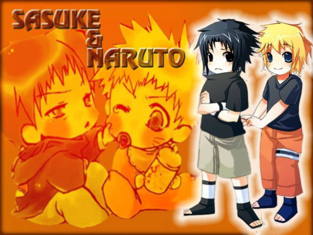 Cute Naruto And Sasuke Orange Background Wallpaper