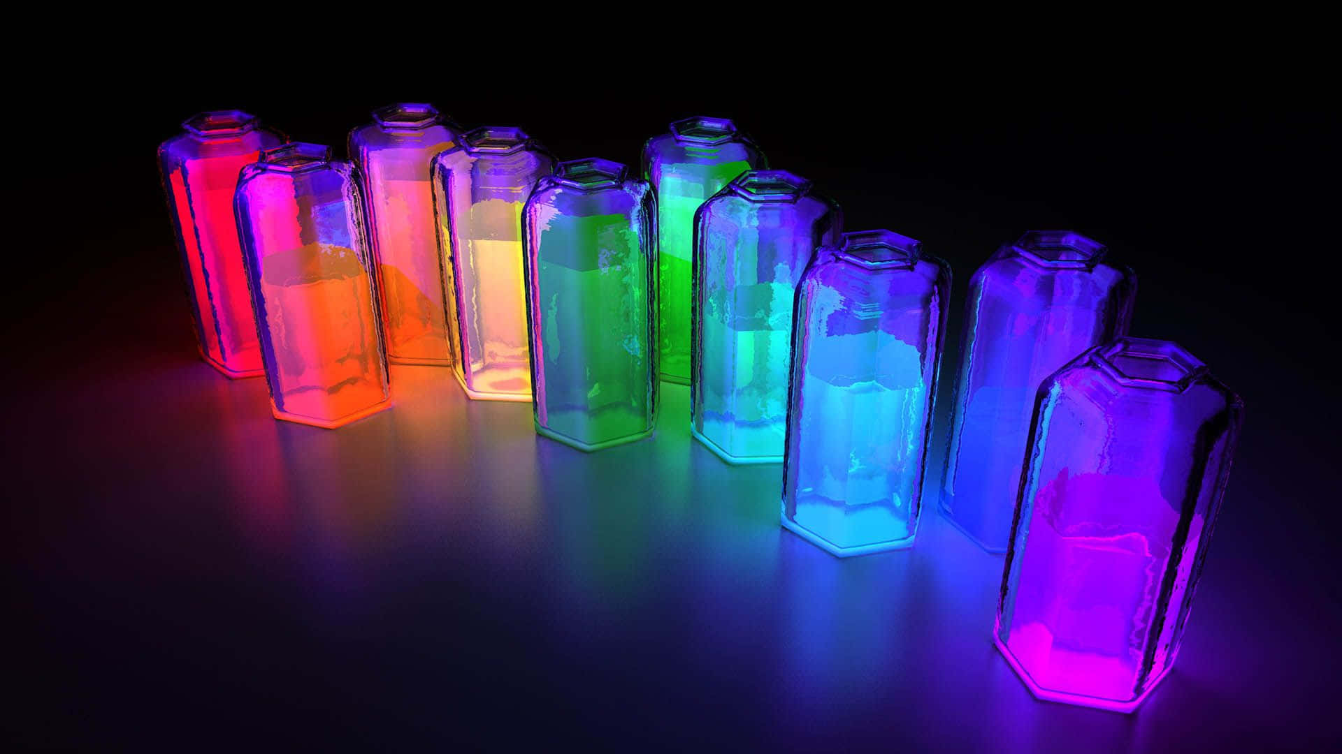 Ungruppo Di Bottiglie Colorate Con Una Luce Arcobaleno Sfondo