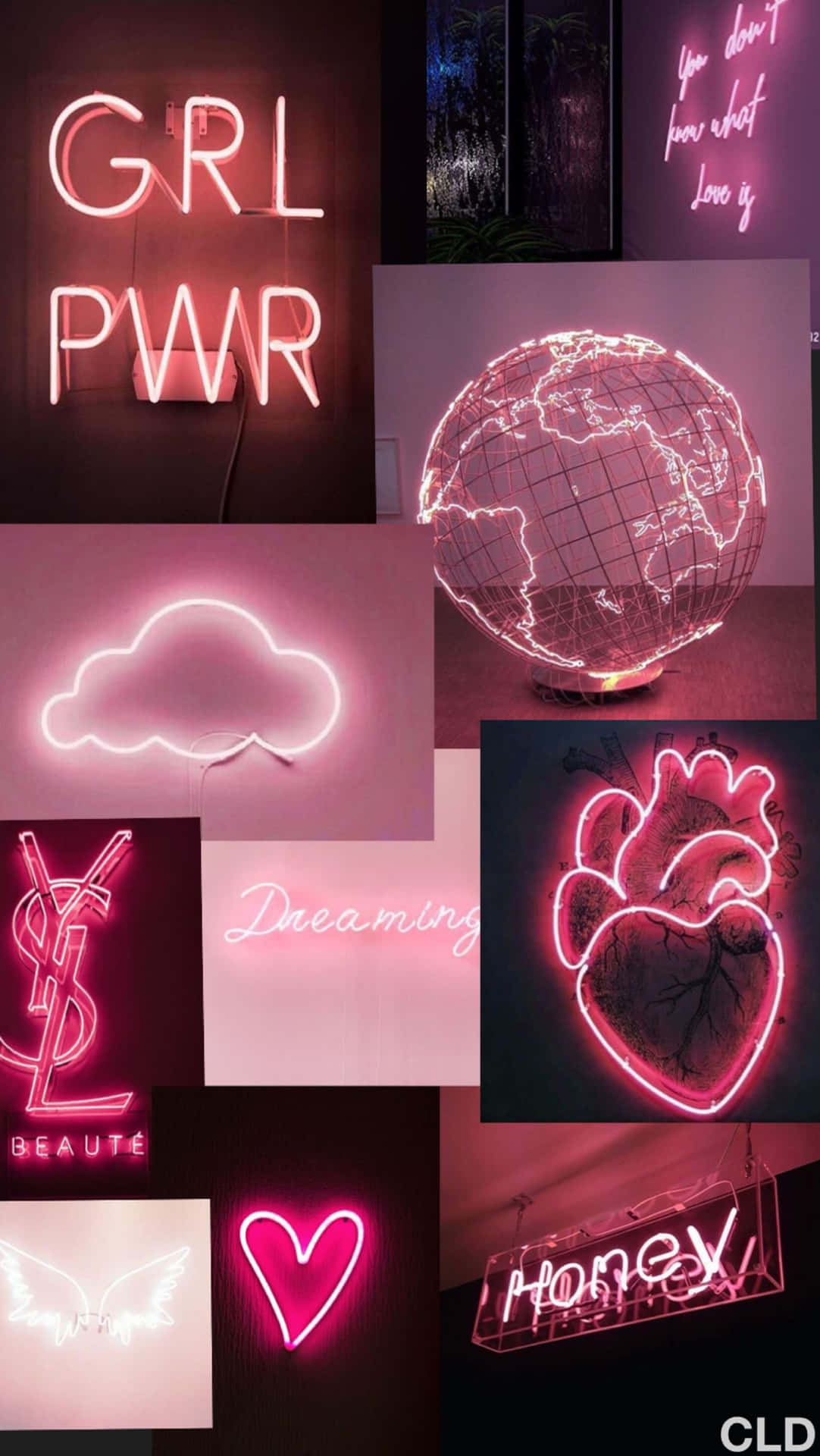 Cute Neon Pink Clouds Globe And Heart Wallpaper