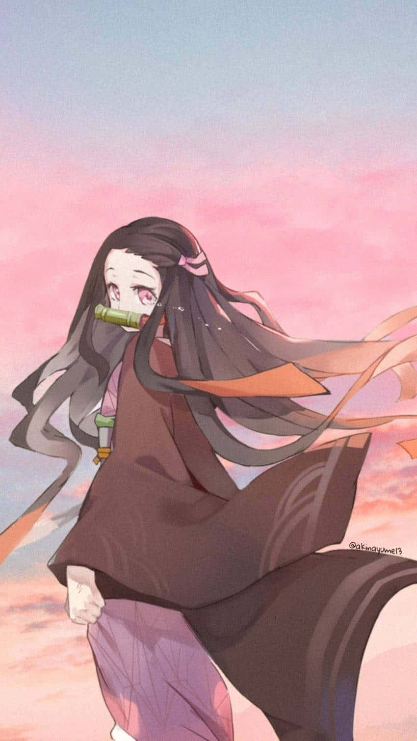 Cute Nezuko Demon Slayer With Sunset Sky Wallpaper