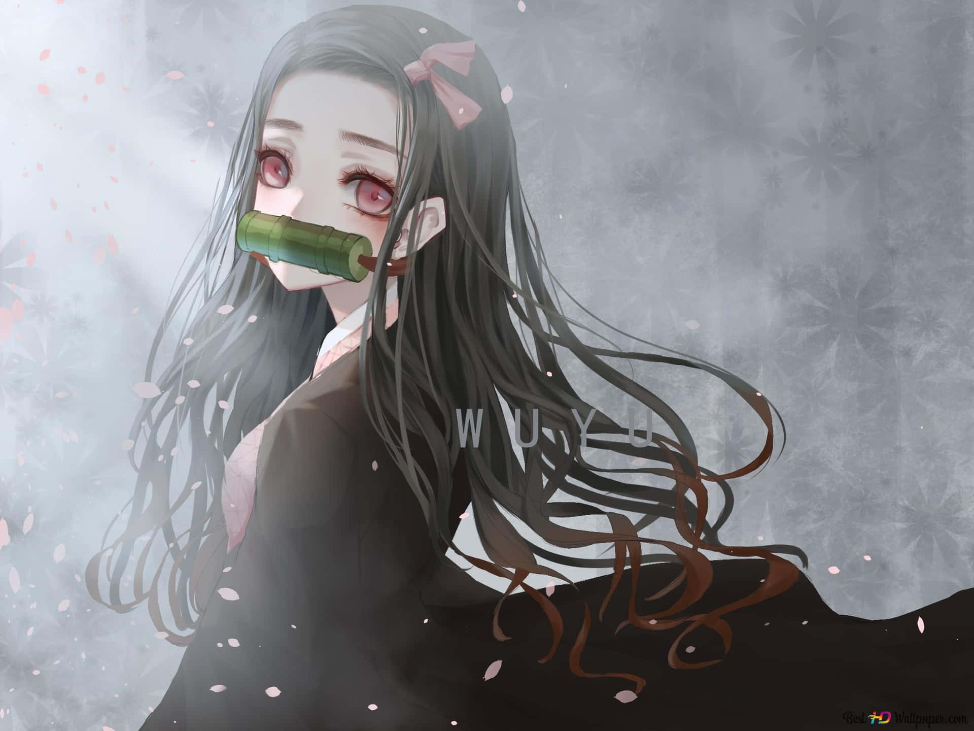 Cute Nezuko Kamado Demon Slayer With Black Kimono Wallpaper