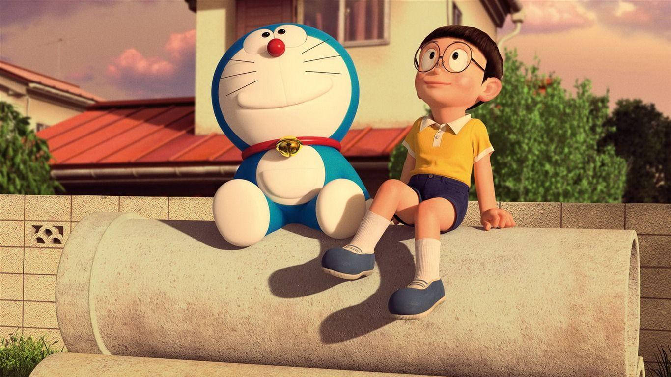 Cute Nobita And Doraemon Sitting On Pipes