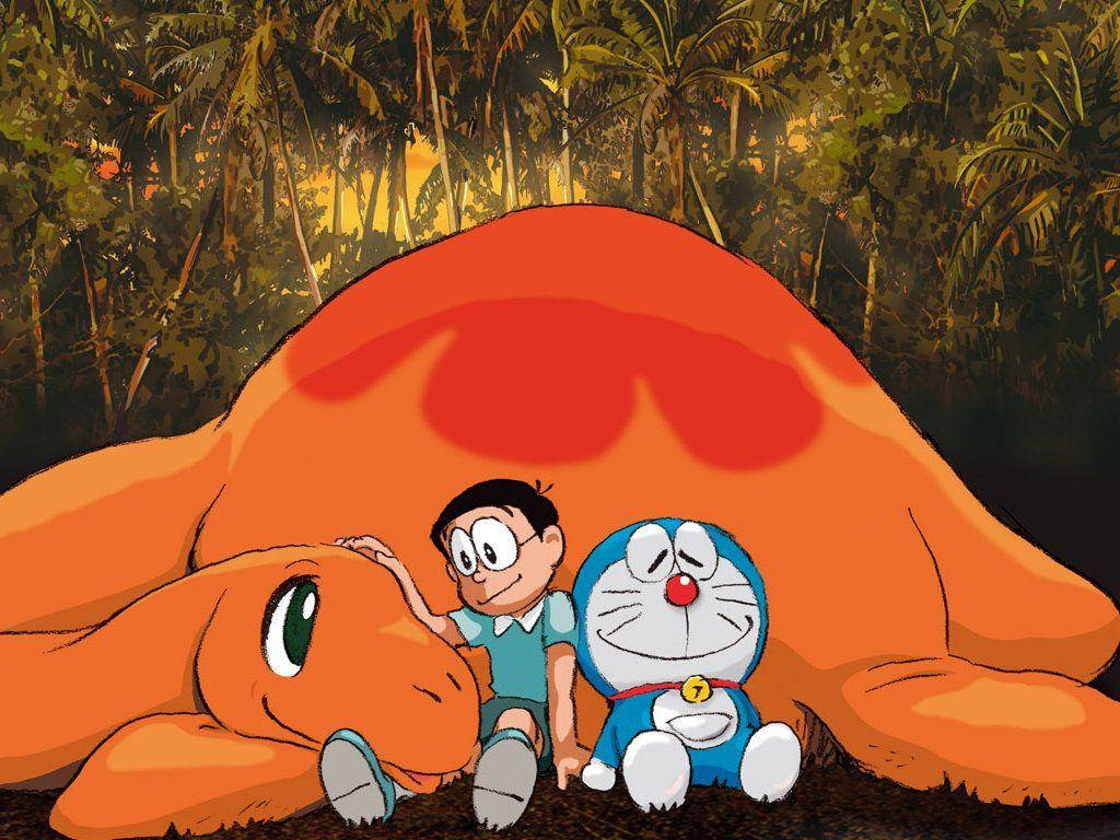 Cute Nobita And Doraemon With Dinosaur Background