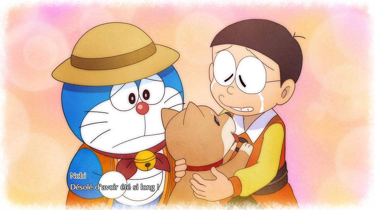 Cute Nobita Crying With Dog Background