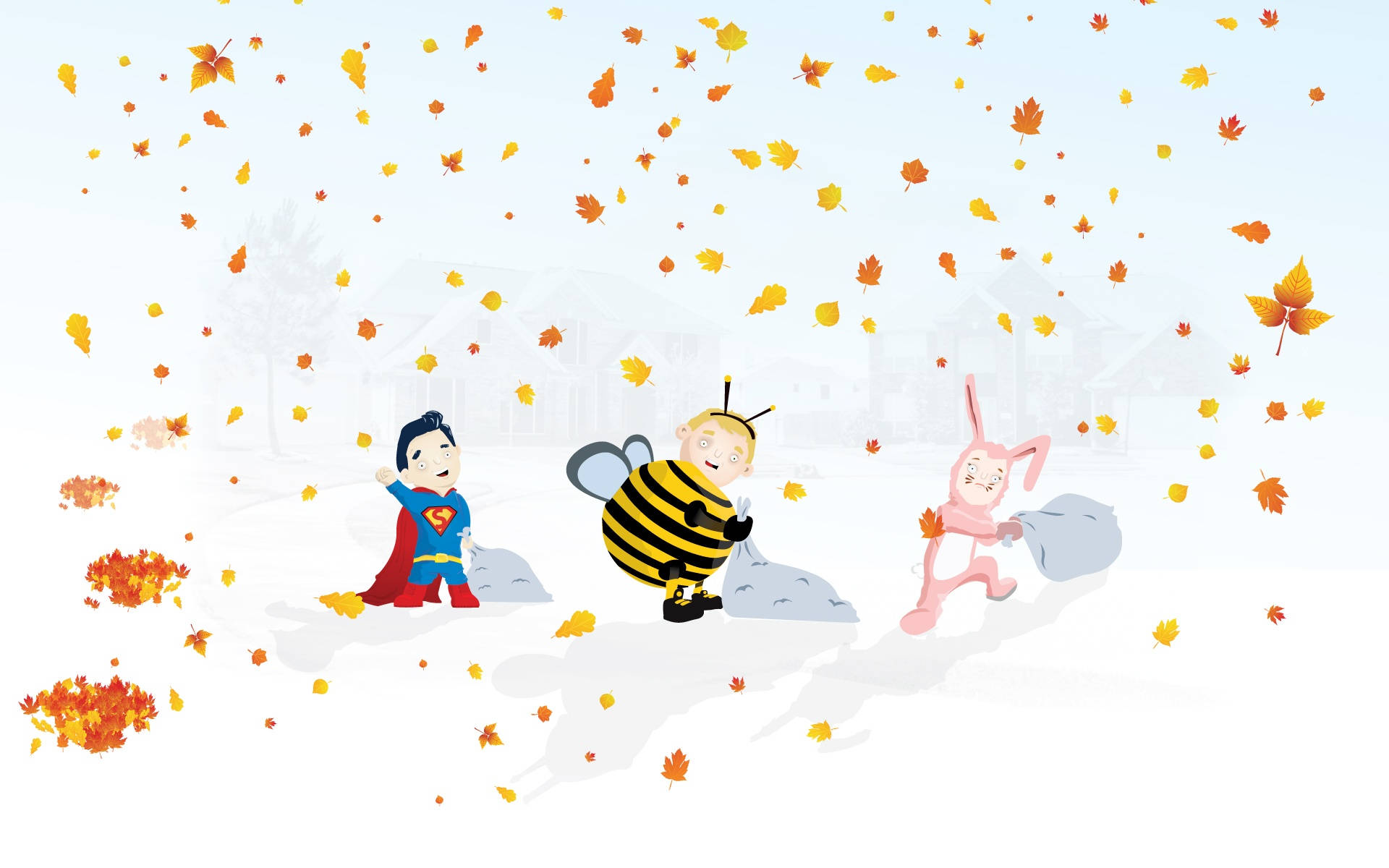 En tegneserie af en dreng og pige iført humlekostume summende rundt i en mark af blomster. Wallpaper