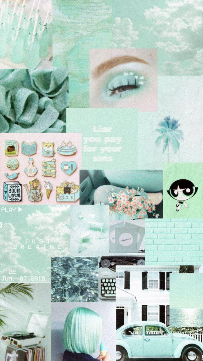 Download Cute Pastel Green Aesthetic Collage Wallpaper 