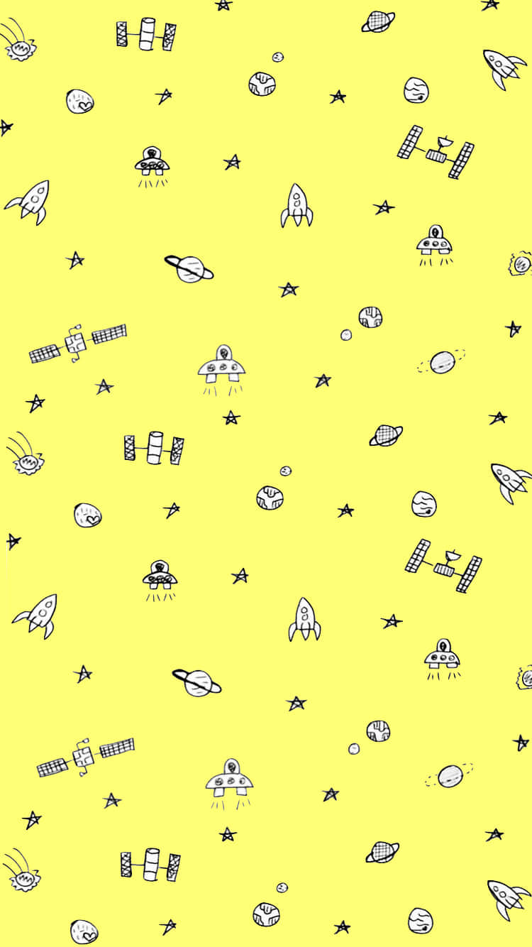 Cute Pastel Yellow Spaceship Pattern Wallpaper