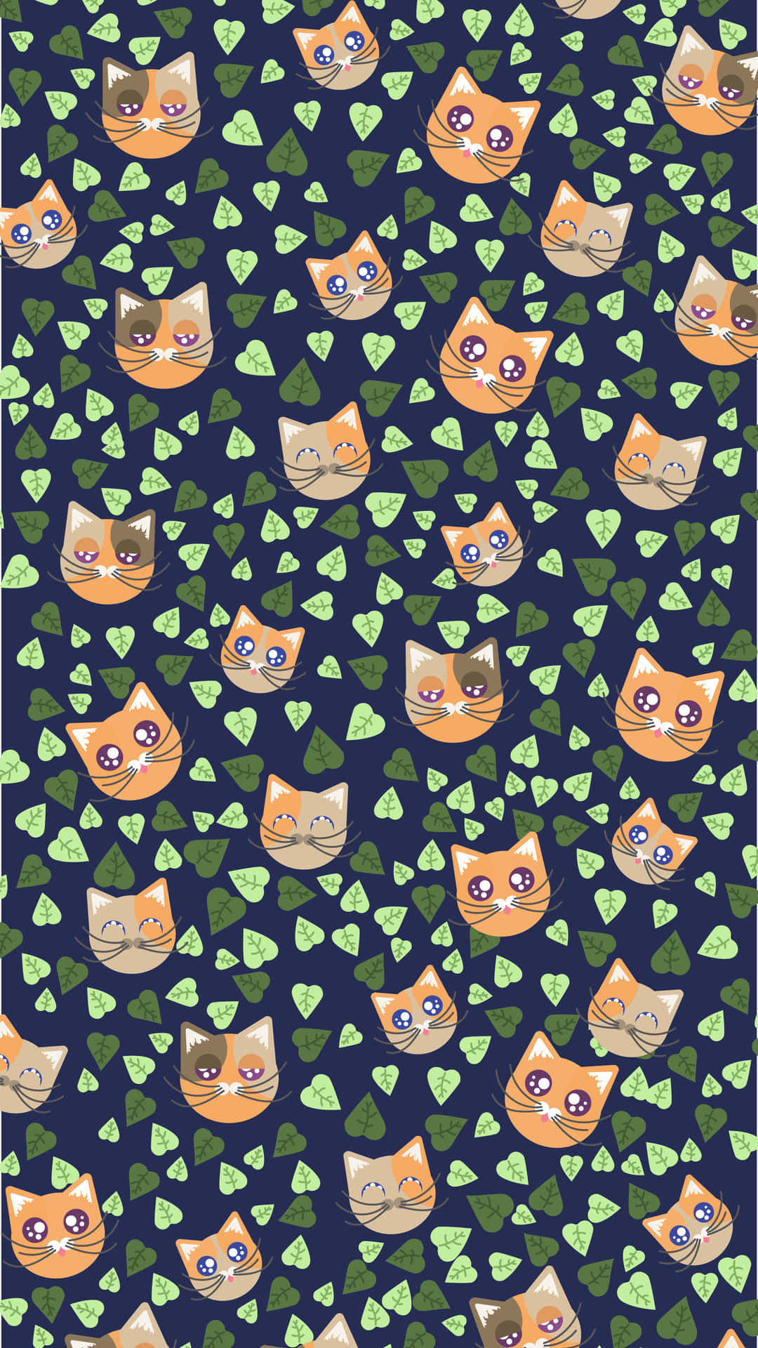 Cute Orange Cat Faces And Leaves Pattern Wallpaper