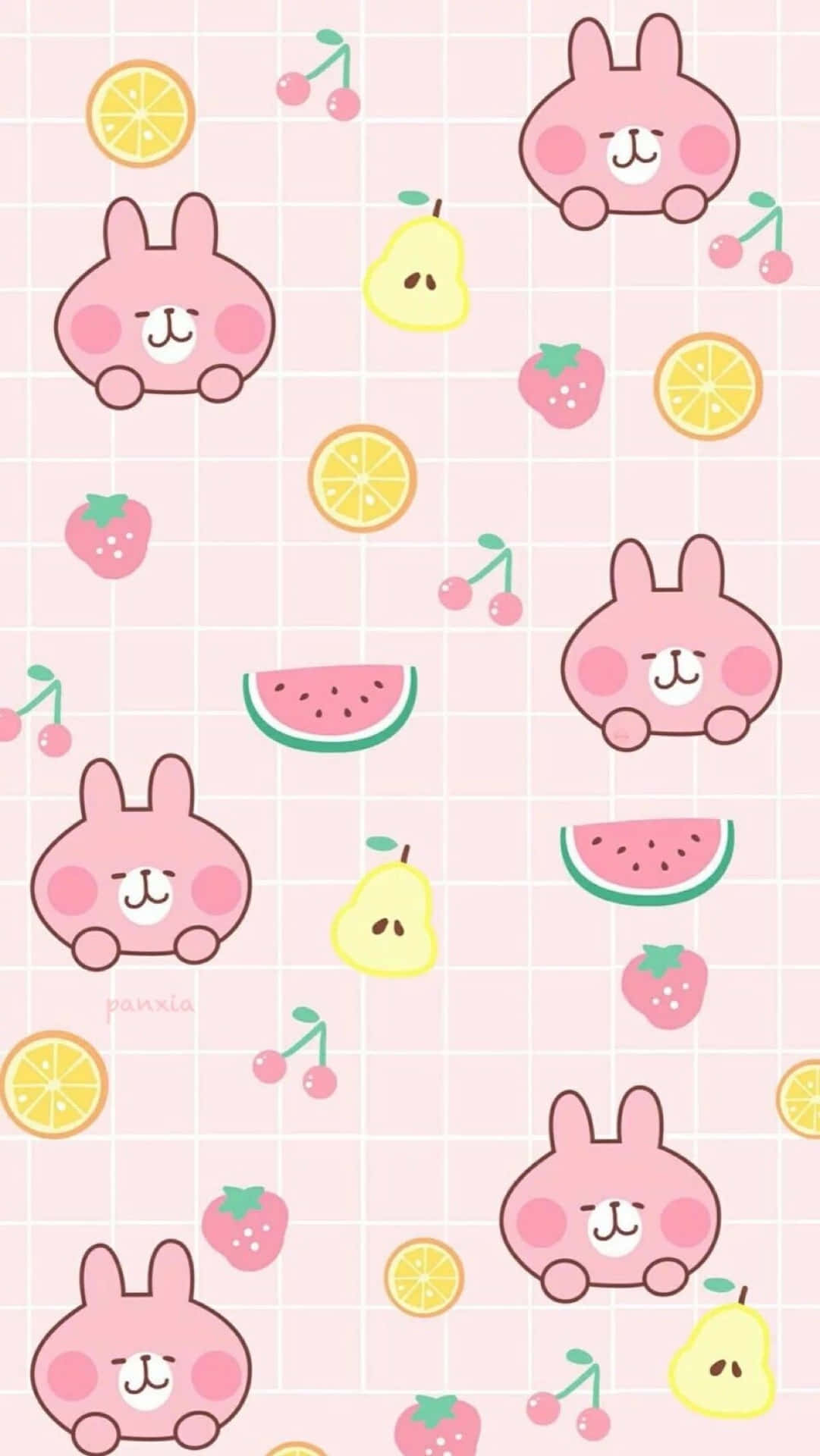 Et pink og hvidt mønster med en kanin og frugt Wallpaper