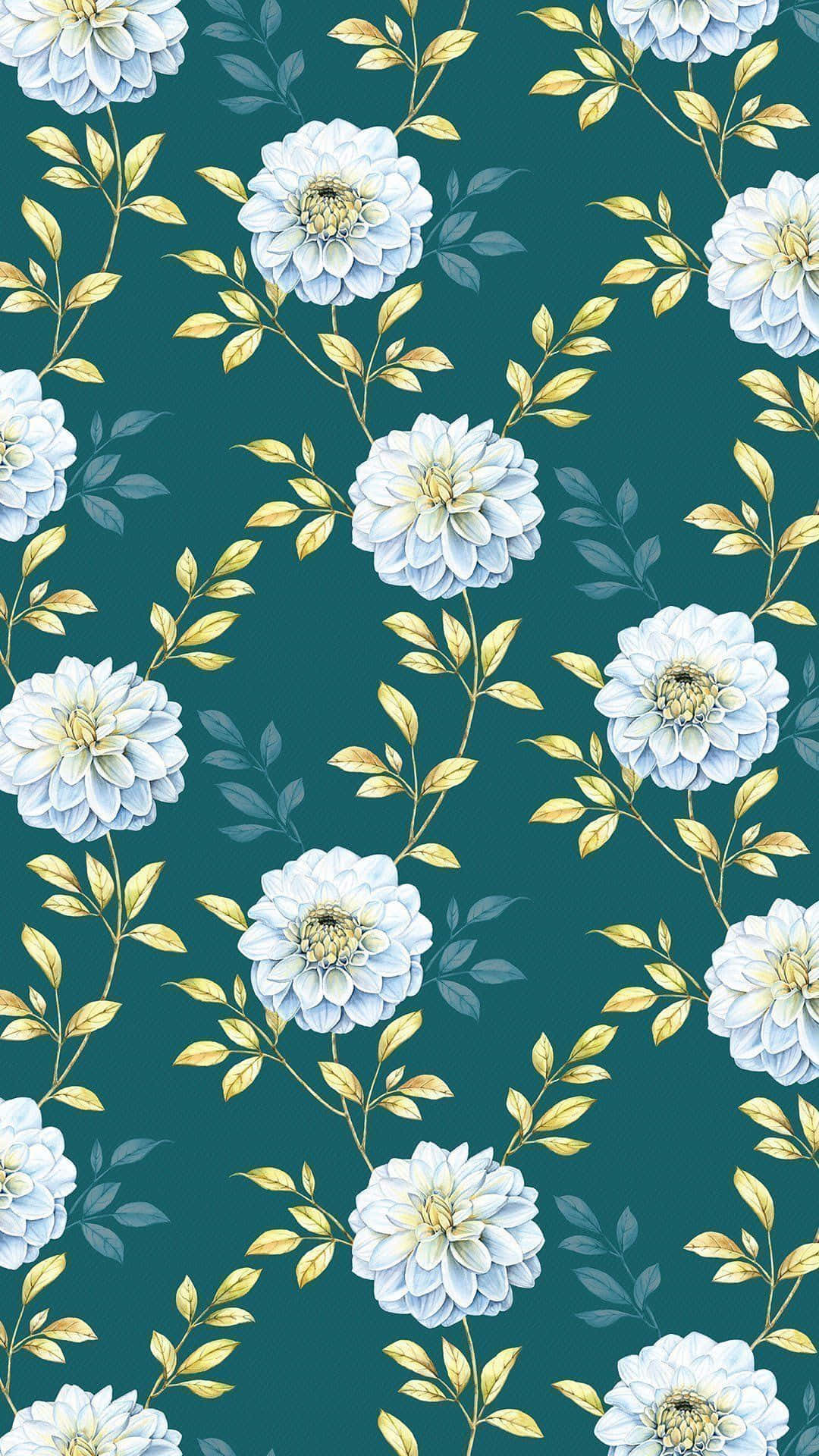 A Floral Pattern With White Flowers On A Teal Background Wallpaper