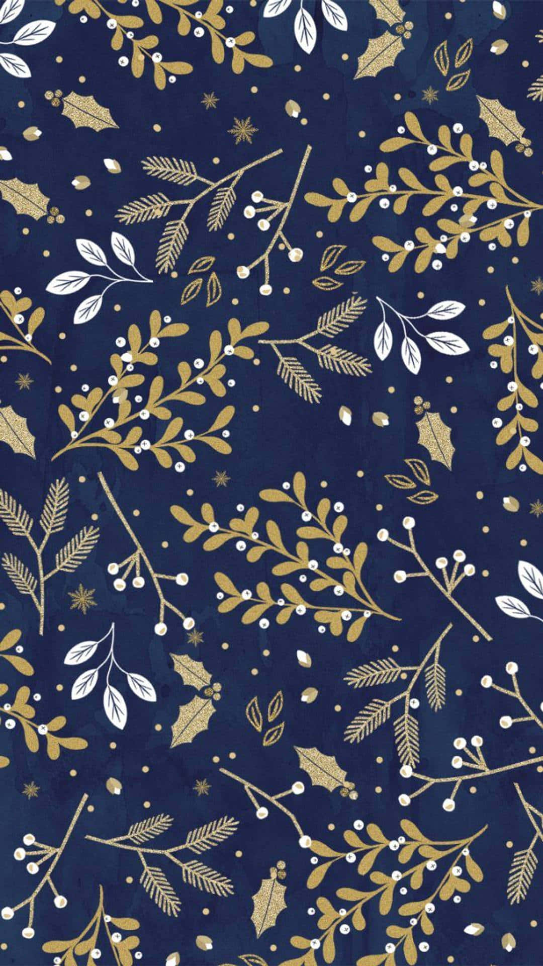 A Blue And Gold Christmas Fabric With Leaves And Branches Wallpaper
