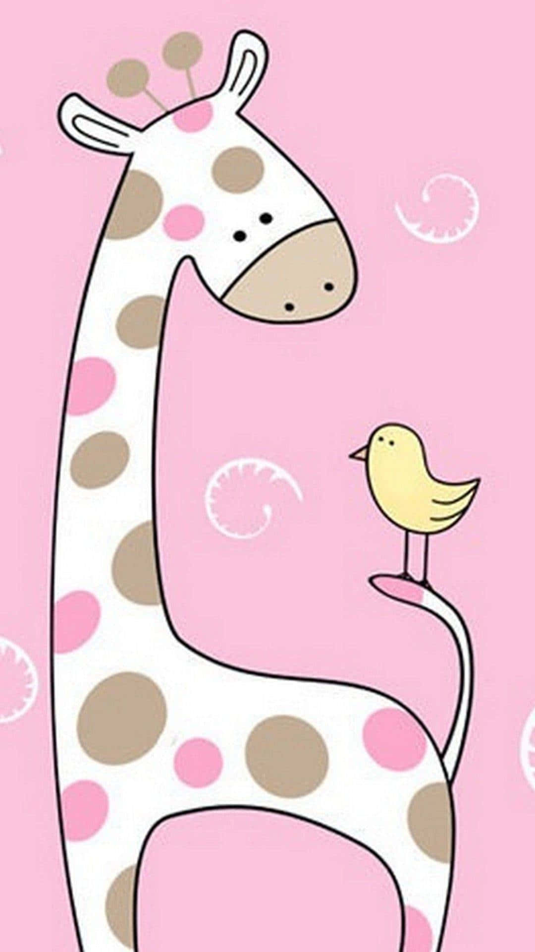 A Giraffe And Bird On A Pink Background Wallpaper