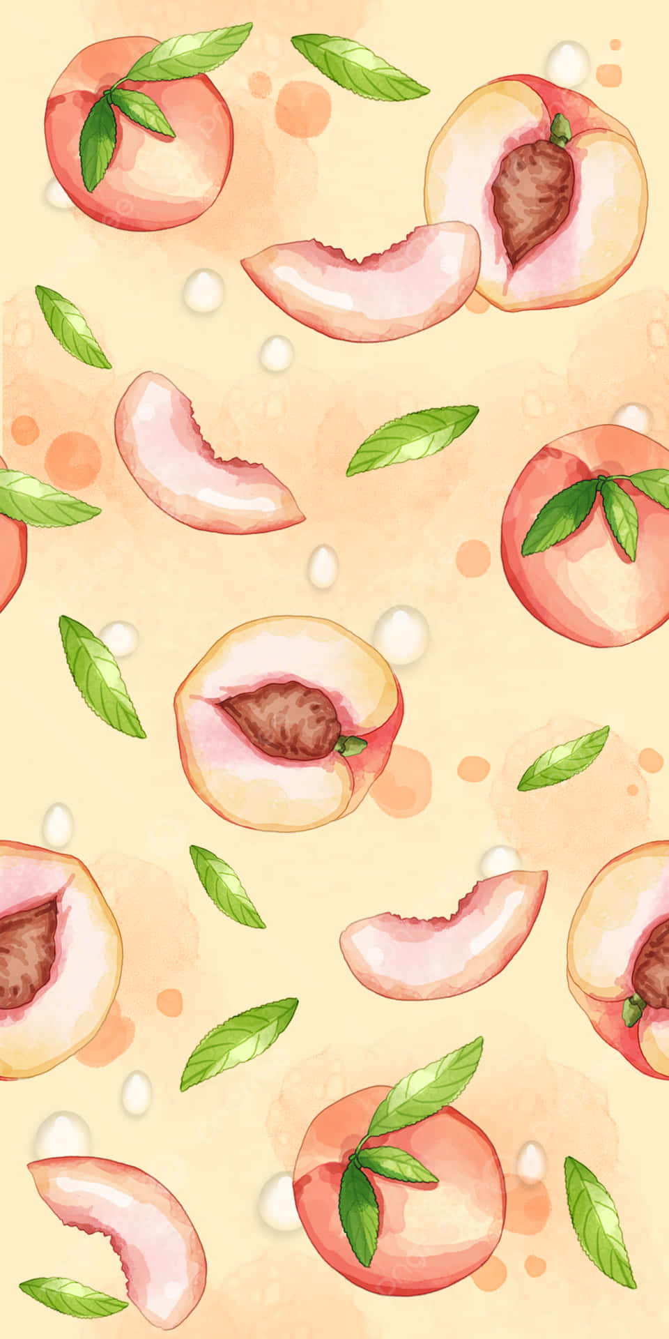 Cute Peach Slices And Leaves Pattern Wallpaper