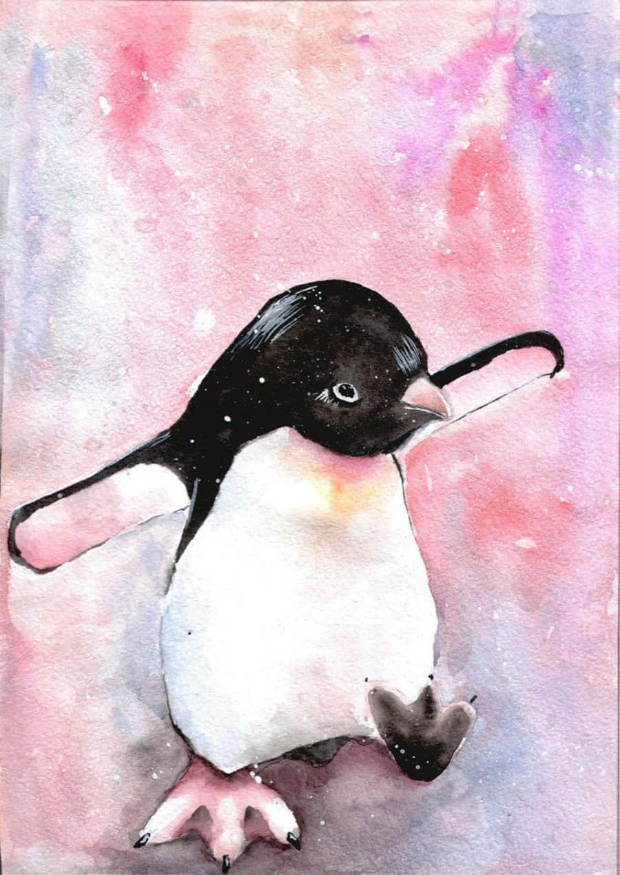 Sødt Pingvinbillede Vandfarvemaleribaggrund