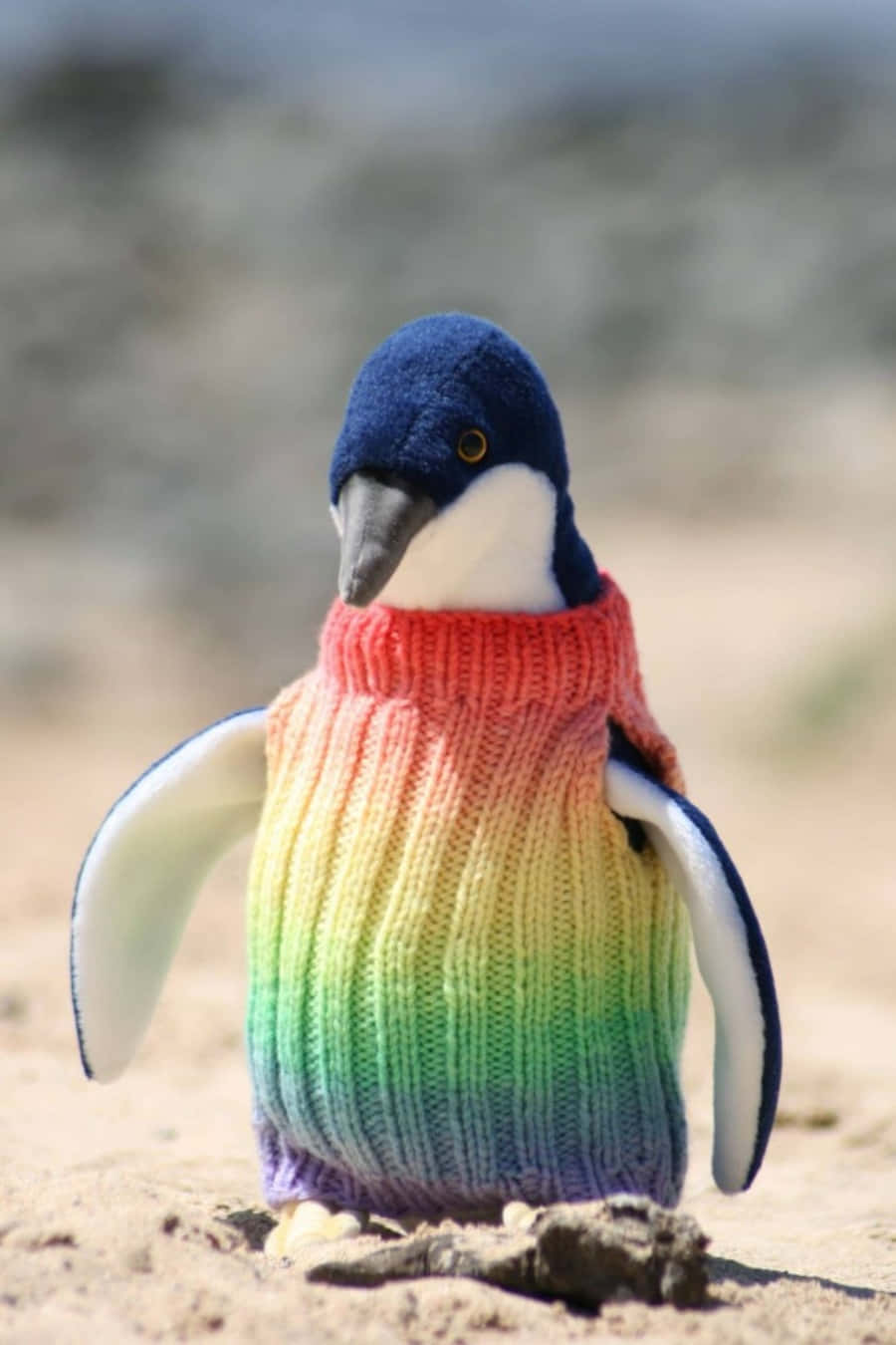 Imagende Un Pingüino Tierno Tejido Con Arco Iris.