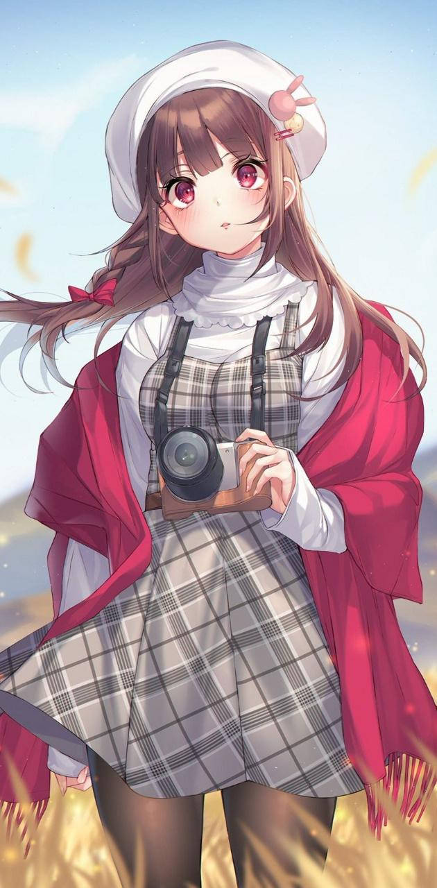 Sød PFP Anime pige med kamera tapet Wallpaper