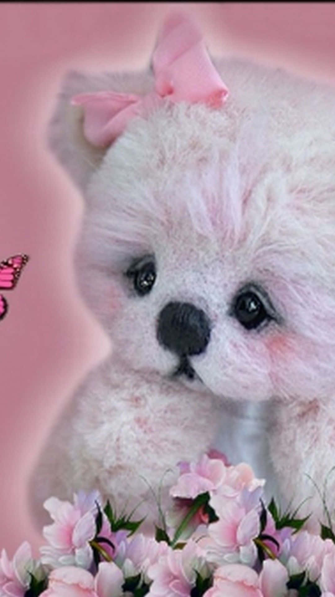 A White Teddy Bear With Pink Flowers And Butterflies