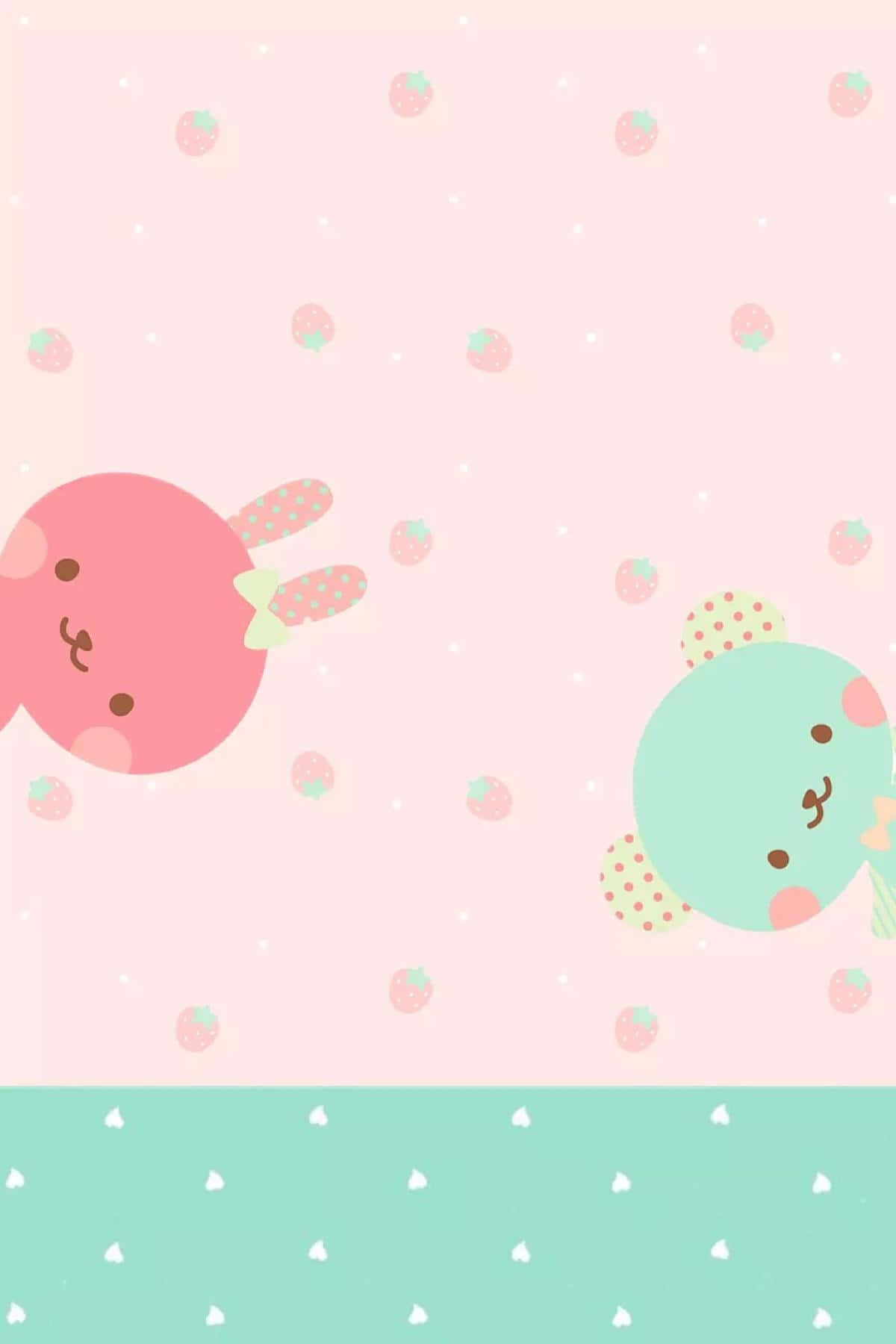 A Pink And Green Background With Two Cute Bunnies