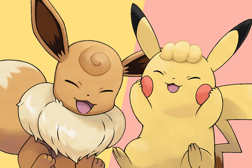 Cute Pikachu and Eevee are Sharing an Adorable Moment Wallpaper