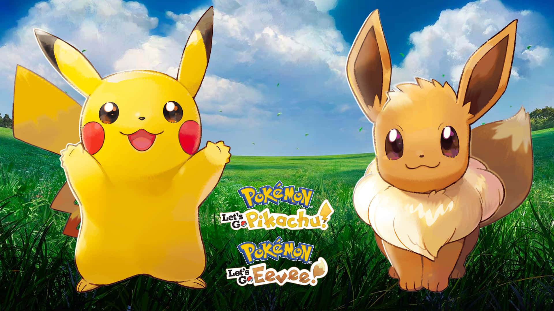 "Two of the most beloved Pokémon, Pikachu and Eevee, snuggled up together!" Wallpaper