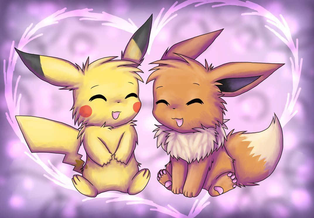 Pikachu og Eevee, to af de mest populære Pokémon-karakterer, krammer sammen. Wallpaper