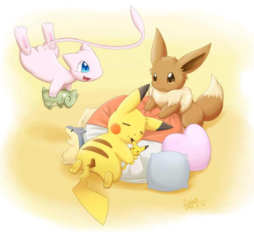 Cute Pikachu and Eevee greeting each other. Wallpaper