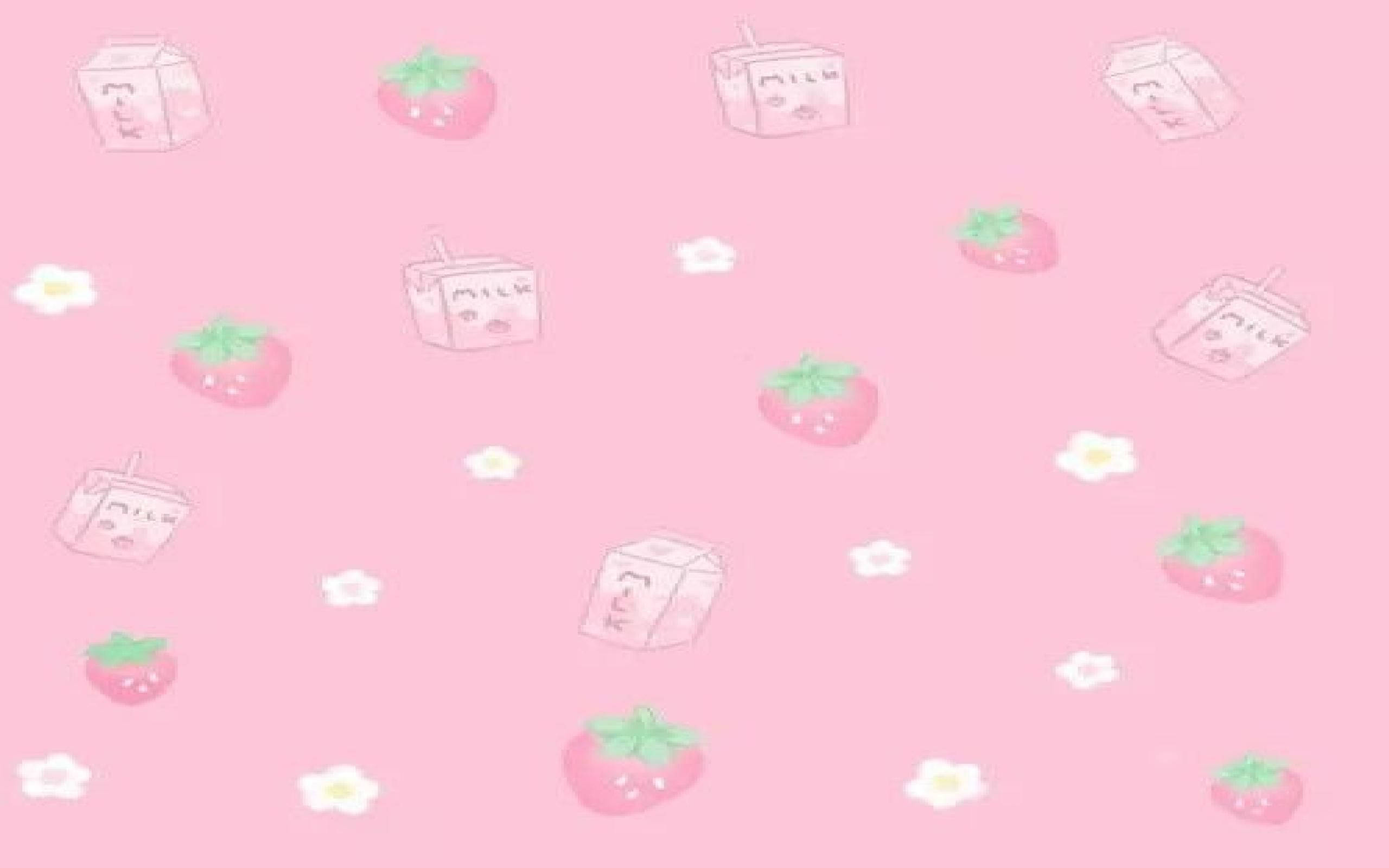 Cute Pink Aesthetic Strawberry Desktop Wallpaper