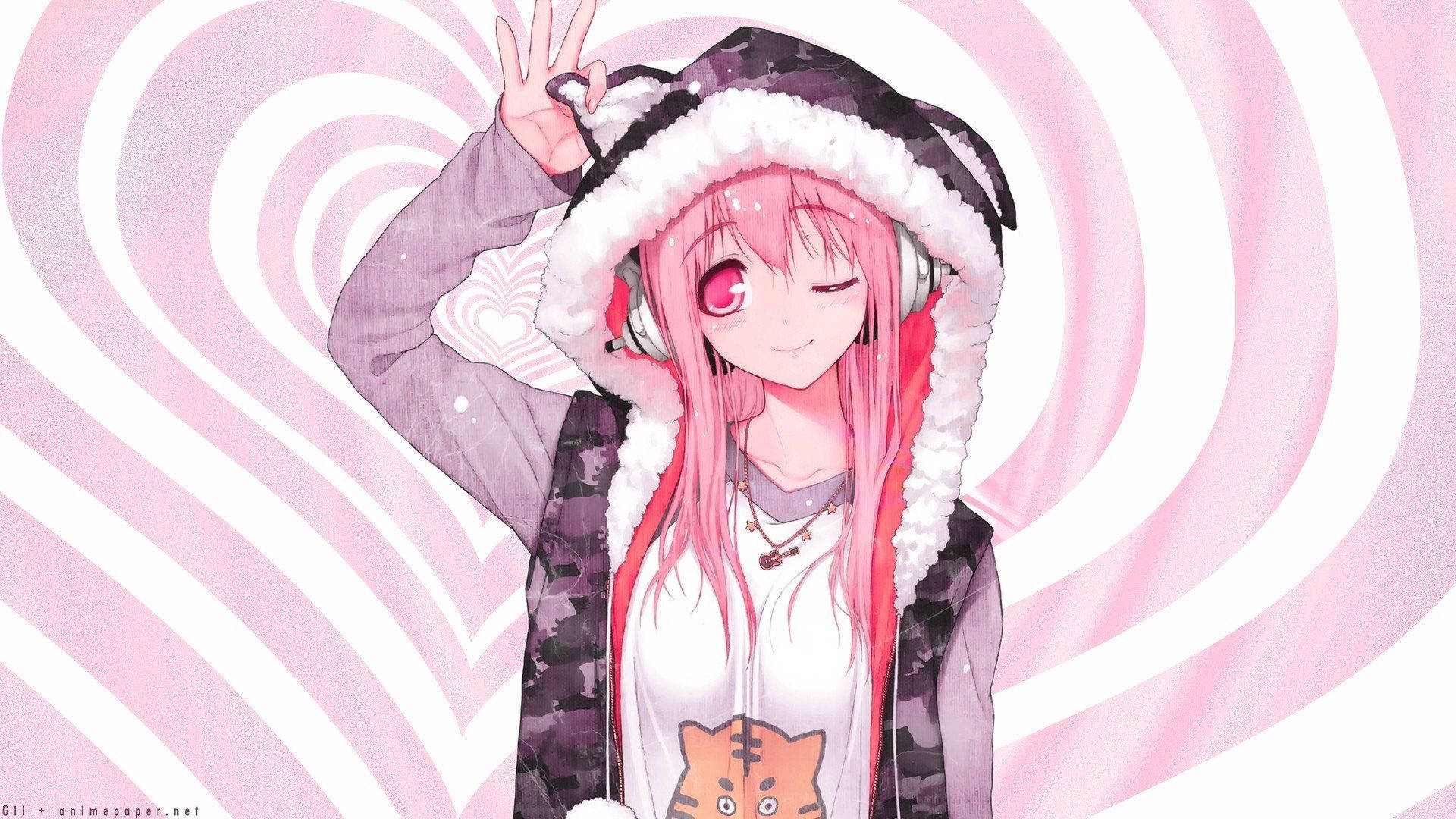 Niedlichespinkes Anime-mädchen In Einem Hoodie Wallpaper