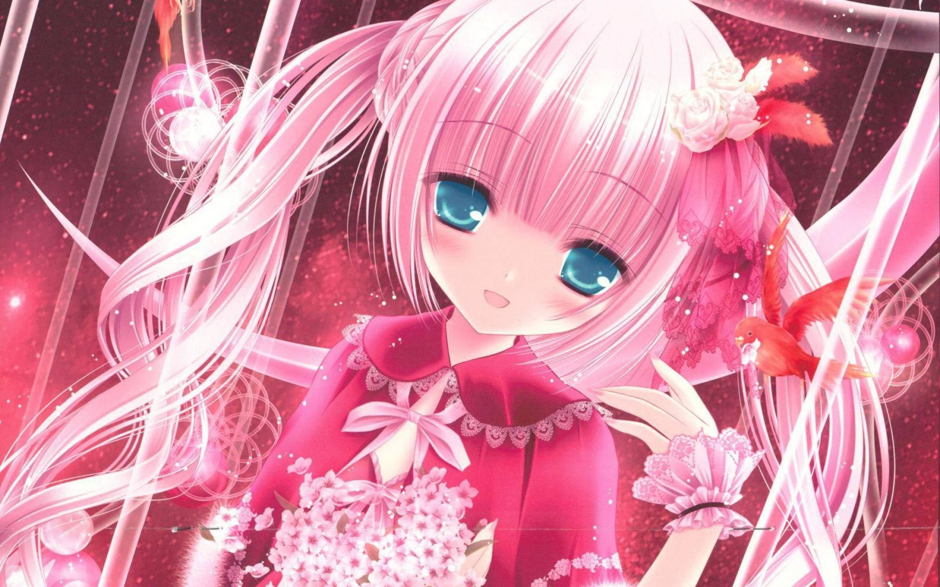 Sød Pink Anime Pige Smiler. Wallpaper