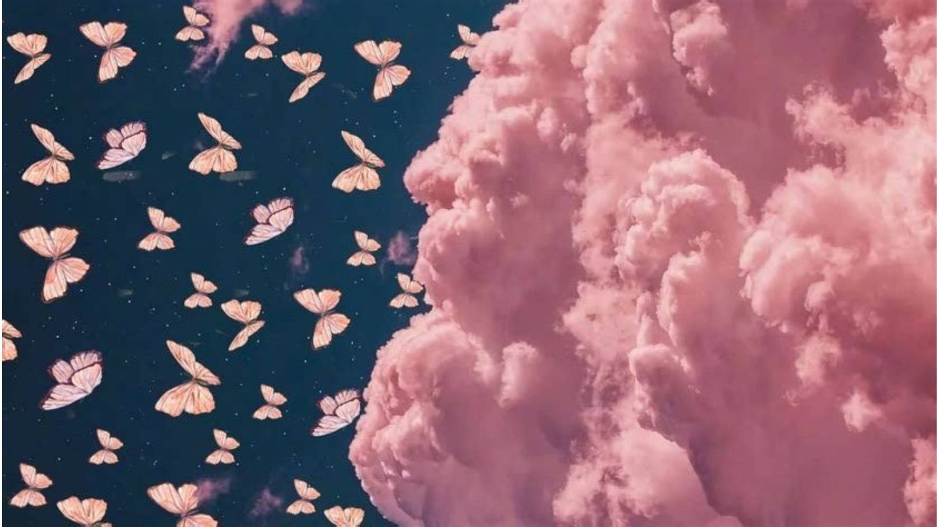 Cute Pink Butterfly And Fluffy Clouds Wallpaper