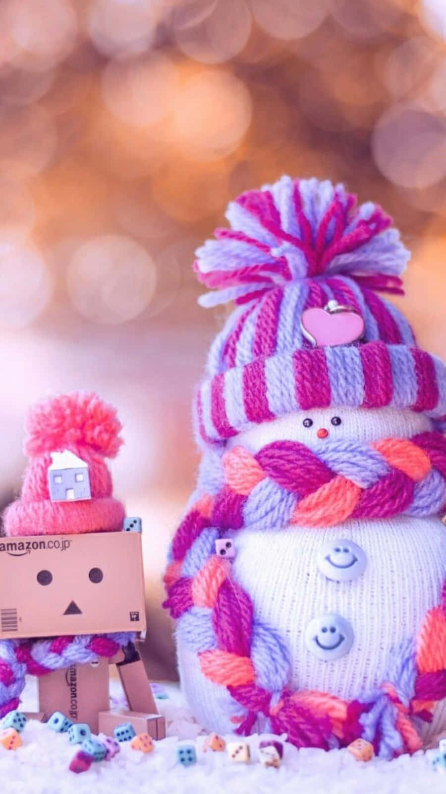 Cute Pink Christmas Snowman Yarn And Robot Box Wallpaper