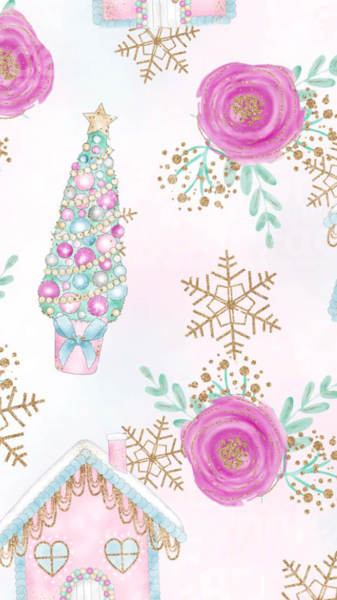 A Pink And White Christmas Pattern With A Tree And Snowflakes Wallpaper
