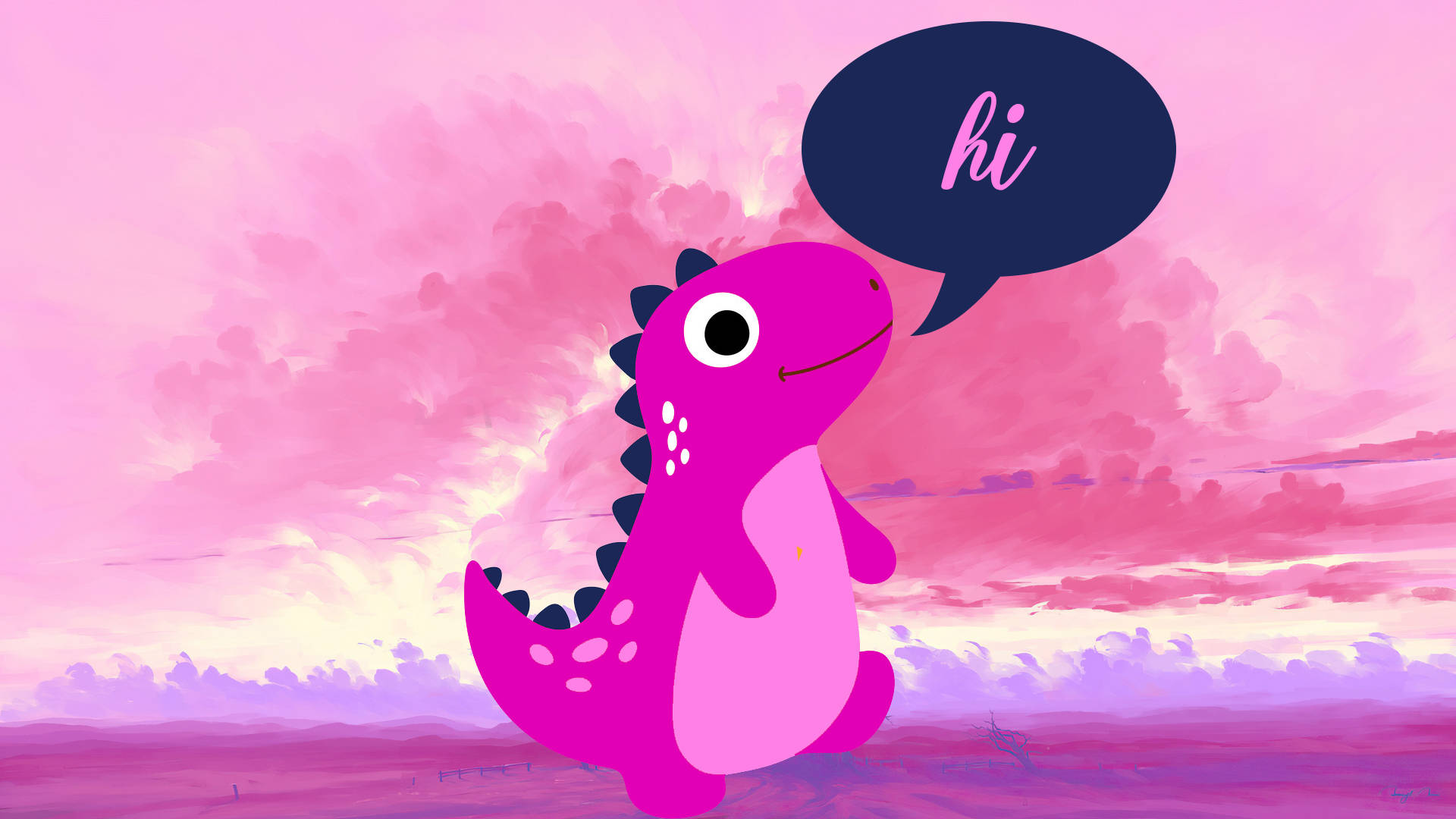 Cute Pink Dinosaur Saying Hi Background