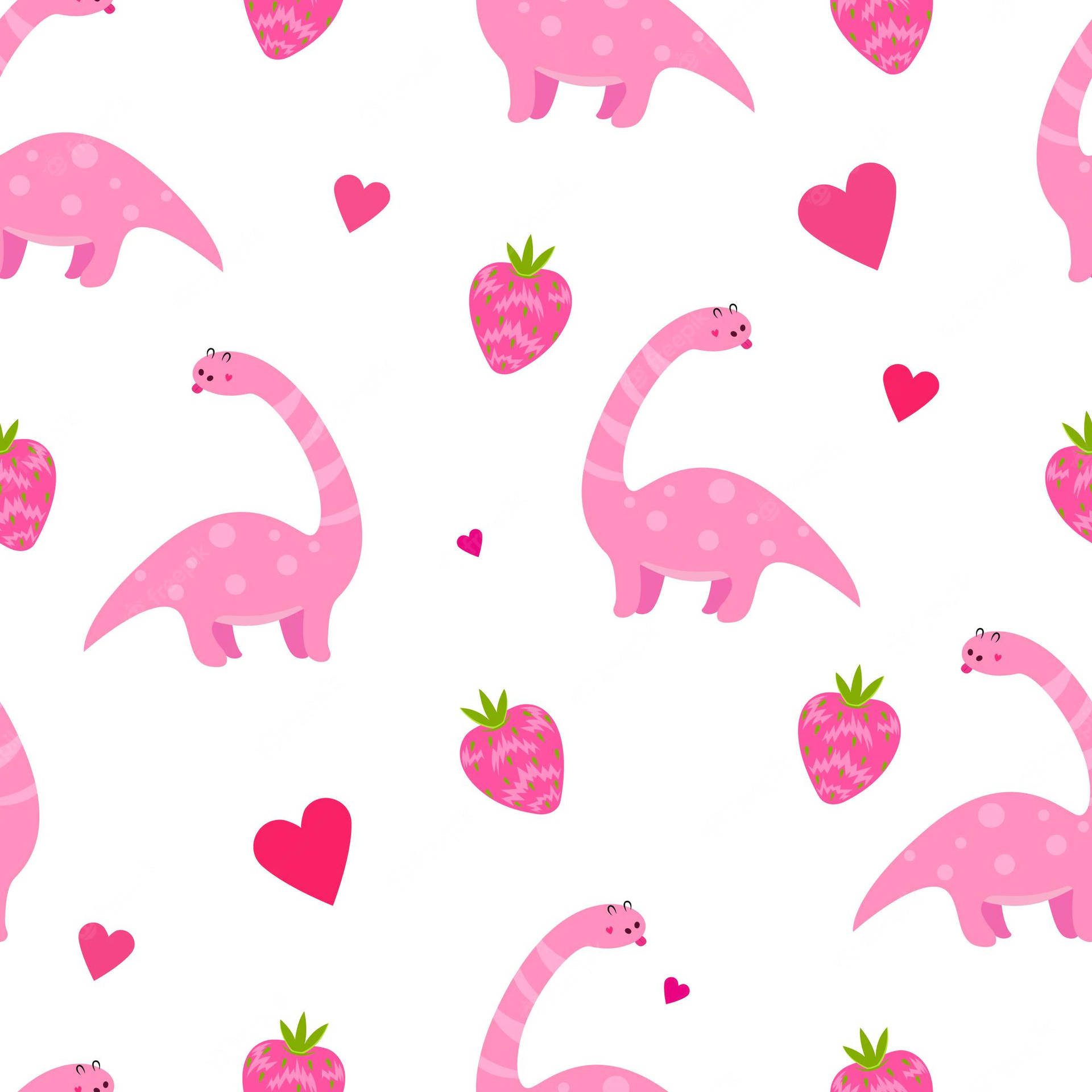 Cute Pink Dinosaur Strawberries And Hearts Pattern Background