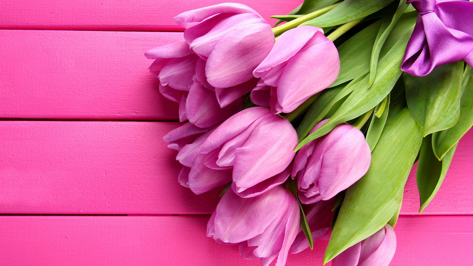 Cute Pink Flower Of Tulips On Plank Wallpaper